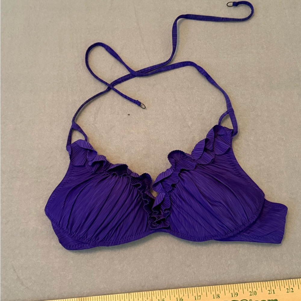 Betsey Johnson Purple Ribbed Ruffle Bikini Top Scalloped Lettuce Edge Medium
